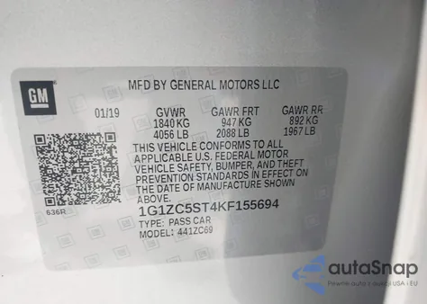 2019 Chevrolet Malibu 1Fl from USA, damaged, VIN 1G1ZC5ST4KF155694